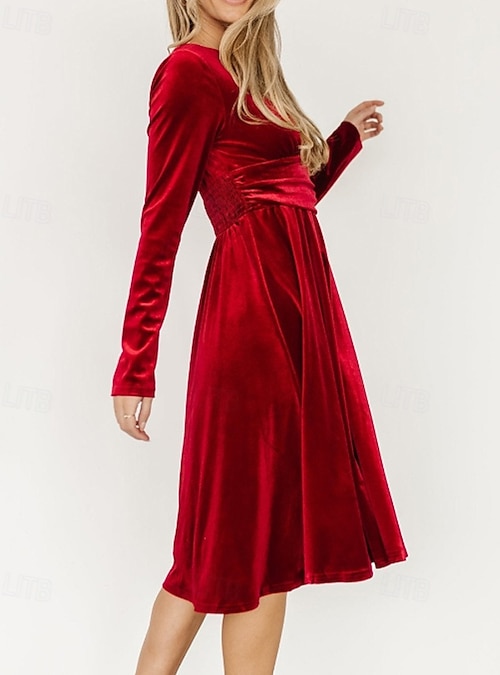 velvet and taffeta holiday dress Zapaka Women Dark Green Velvet Holiday Party Dress A Line Long Sleeve Midi Evening Dress, Burgundy / US10