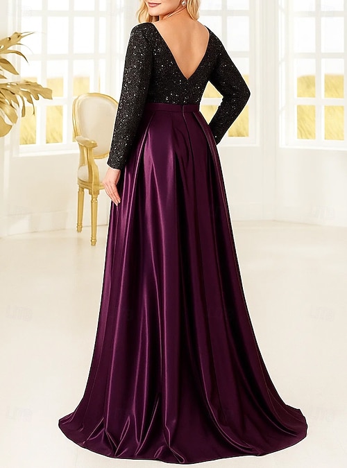 A-Line Floor Length Wedding Guest Dress Formal Dresses Flare Dress Mother  of the Bride Dress Long Sleeve V Neck Elegant Vintage Plus Size with Pleats  Sequin Color Block 2026 - $103.99