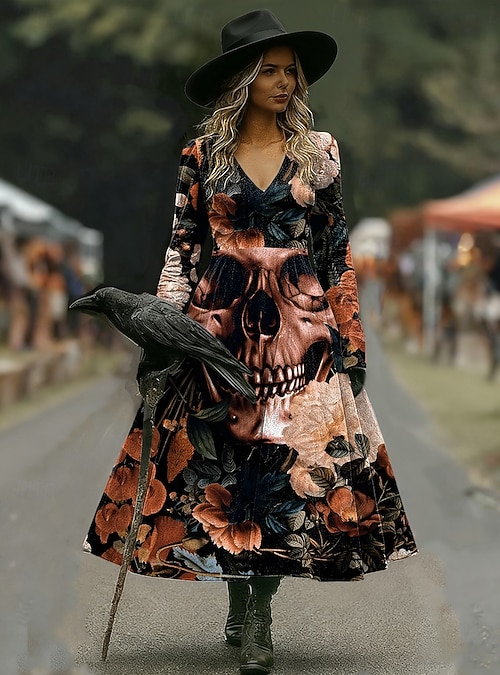 hocus pocus maxi dress Halloween Women's Witch Print Maxi Dress A Line Dress Vacation Casual Boho Beach Regular Fit Floral Graphic Hocus Pocus Long Sleeve V Neck Yellow Dark