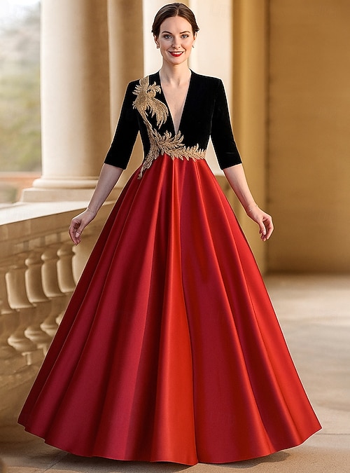 A-Line Floor Length Wedding Guest Dress Formal Dresses Flare Dress Mother of the Bride Dress Long Sleeve V Neck Elegant Vintage Party Formal with