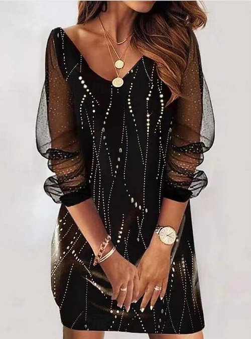 Women's Mini Dress Shift Dress Casual Daily Holiday Regular Fit Ombre Floral Butterfly Long Sleeve V Neck Black White Purple Gold Spring Fall