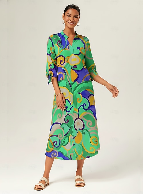 green geometric maxi dress Wyongtao Women's Casual 3/4 Sleeve Midi Fall Dress Boho Pleated V Neck Ruffled Vintage Geometric Printed Flowy Long Dresses Mint Green M