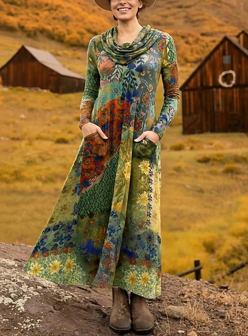 Women's Midi Dress Sheath Dress A Line Dress Fit And Flare Dress Vacation  Party Casual Office Daily Date Regular Fit Floral Graphic Long Sleeve Cowl  Neck Purple Brown Green Spring Fall Winter
