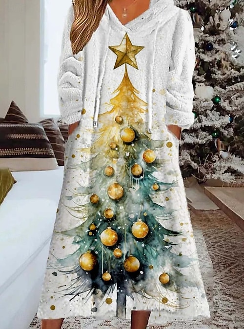 Christmas Women's Christmas Tree SnowflakeMidi Dress Sweater Dress Shift Dress  Athletic Dress Party Casual Boho Outdoor Home Loose Fit Graphic Bell Long  Sleeve Hooded Blue Gold Green 2026 - GBP 35