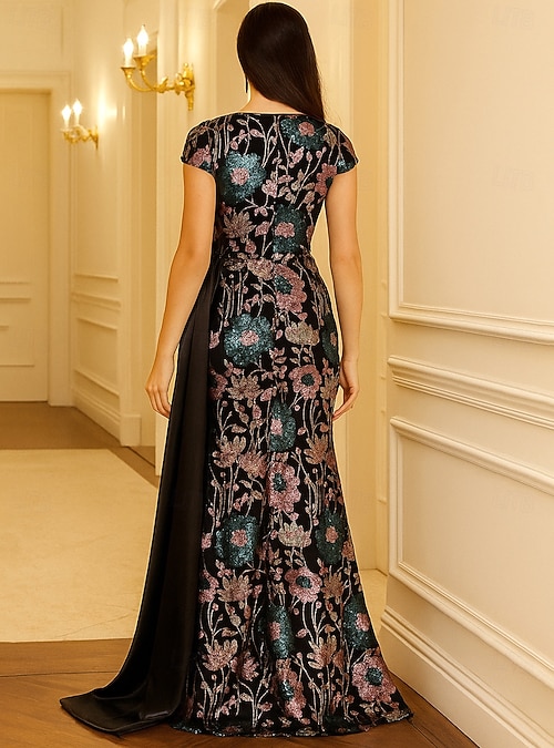 A-Line Floor Length Beaded Eembroidered Wedding Guest Dress Formal Dresses Mother of the Bride Dress Short Sleeve V Neck Elegant Vintage Party Formal Evening Wedding Party with Beading Color Block 2026 - A-Line Floor Length Beaded Eembroidered Wedding Guest Dress Formal Dresses Mother of the Bride Dress Short Sleeve V Neck Elegant Vintage Party Formal Evening Wedding Party with Beading Color Block 2026 -