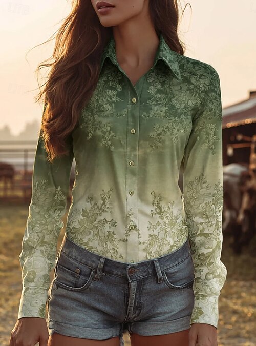 Women's Shirt Blouse Patchwork Buttons Print Floral Graphic Vintage Casual  Long Sleeve Shirt Collar Regular Tops Daily Green Beige Summer Spring Fall  Winter 2026 - $32.99