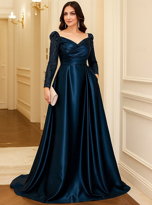 A-Line Floor Length Wedding Guest Dress Formal Dresses Flare Dress Mother  of the Bride Dress Long Sleeve V Neck Elegant Vintage Luxurious Sequined  with Lace Sequin 2026 - JOD JD104.85