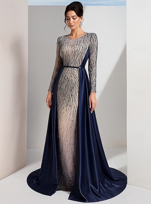 A-Line Floor Length Beaded Eembroidered Wedding Guest Dress Formal Dresses  Mother of the Bride Dress Long Sleeve Crew Neck Elegant Vintage Luxurious  Formal Evening Wedding Party with Sequin Color 2026 - $218.49