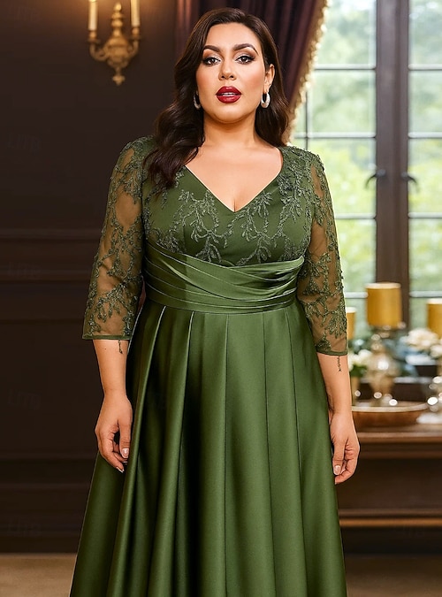 A-Line Floor Length Wedding Guest Dress Formal Dresses Flare Dress Mother of the Bride Dress Long Sleeve V Neck Elegant Vintage Plus Size with Lace