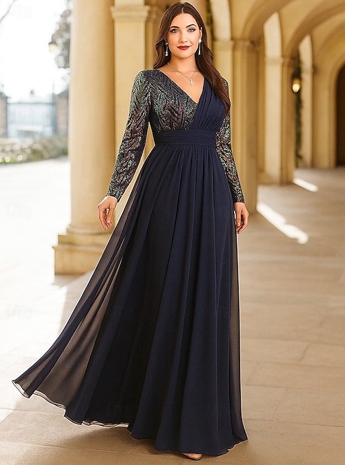 A-Line Floor Length Wedding Guest Dress Formal Dresses Evening Gown Mother of the Bride Dress Long Sleeve V Neck Elegant Vintage Plus Size Sequined with Beading Sequin 2026 - $125.99 A-Line Floor Length Wedding Guest Dress Formal Dresses Evening Gown Mother of the Bride Dress Long Sleeve V Neck Elegant Vintage Plus Size Sequined with Beading Sequin 2026 - $125.99