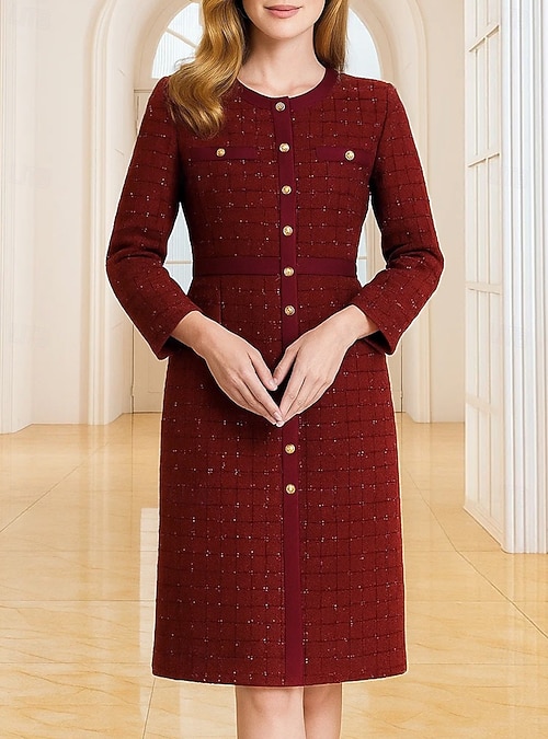 Sheath Column Knee Length Party Dress Cocktail Dress Wedding Guest Dress  Mother of the Bride Dress Long Sleeve Crew Neck Elegant Vintage Formal with  Buttons 2026 - JOD JD120.98
