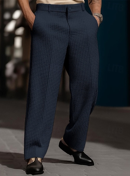 Men's Trousers Dress Pants Baggy Pants Waffle Pants Pocket Wide Leg Plain Breathable Full Length Outdoor Party Business Vacation Fashion Black White