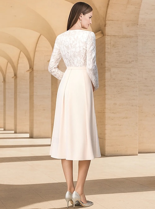 A-Line Tea Length Party Dress Cocktail Dress Wedding Guest Dress Mother of  the Bride Dress Long Sleeve V Neck Elegant Vintage Party Formal Holiday Cocktail  Party with Lace 2026 - $207.89