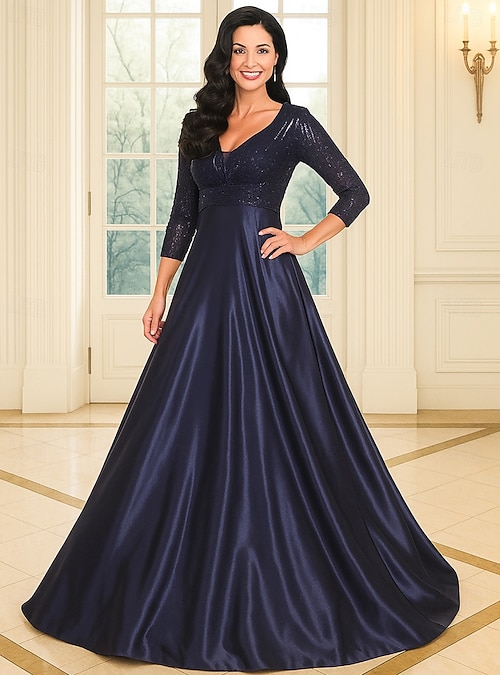 A-Line Floor Length Wedding Guest Dress Formal Dresses Flare Dress Mother  of the Bride Dress Long Sleeve V Neck Elegant Simple Sparkle & Shine Formal  Evening Wedding Party with Sequin 2026 -