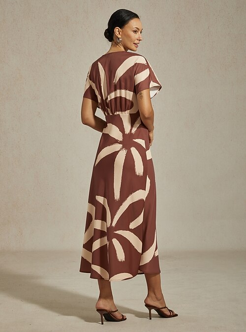 Women's Maxi Dress Coffee Abstract Floral Print Satin V Neck Batwing Sleeve  Belted Elegant Vacation Casual Spring Summer Fall 2026 - $82.99