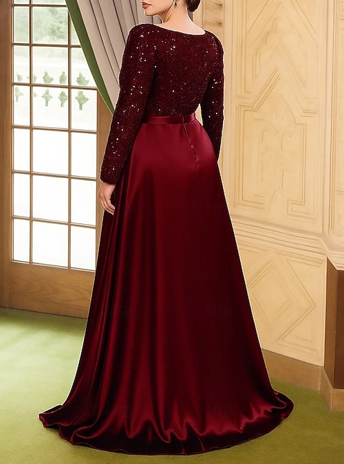 A-Line Floor Length Wedding Guest Dress Formal Dresses Evening Gown Mother of the Bride Dress Long Sleeve Crew Neck Elegant Vintage Party Satin with A-Line Floor Length Wedding Guest Dress Formal Dresses Evening Gown Mother of the Bride Dress Long Sleeve Crew Neck Elegant Vintage Party Satin with