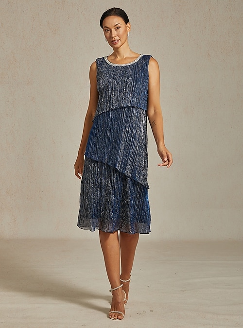 Women's Midi Dress Shift Dress Elegant Party Solid Color Beaded Metallic  Layered Illusion Sleeveless Crew Neck Gray Pink Summer Spring Fall 2026 -  $129.99