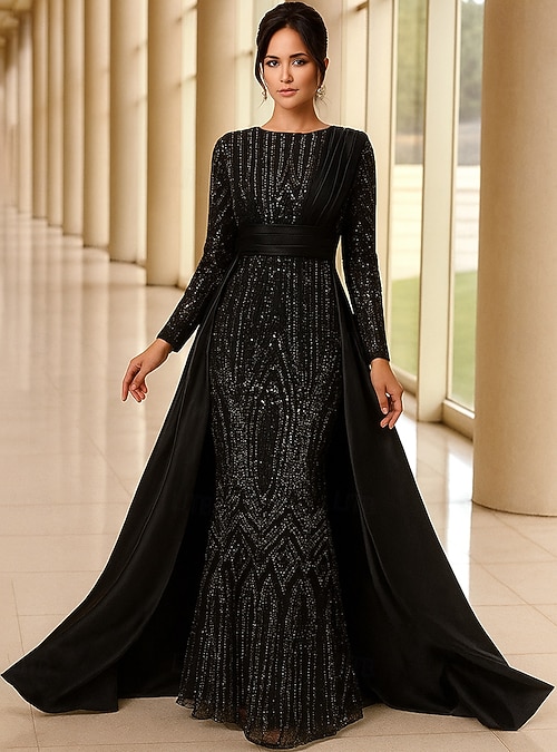 A-Line Floor Length Beaded Eembroidered Wedding Guest Dress Formal Dresses  Mother of the Bride Dress Long Sleeve Crew Neck Elegant Vintage Sparkle &  Shine Holiday Formal Evening Wedding Party with 2026 -
