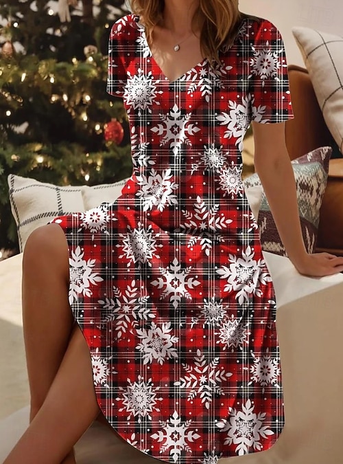 Christmas Women's Snowflake Mini Dress Summer Dress Party Casual Party  Daily Holiday Regular Fit Short Sleeve V Neck Wine Light Red Red Spring  Fall Winter 2026 - $24.99