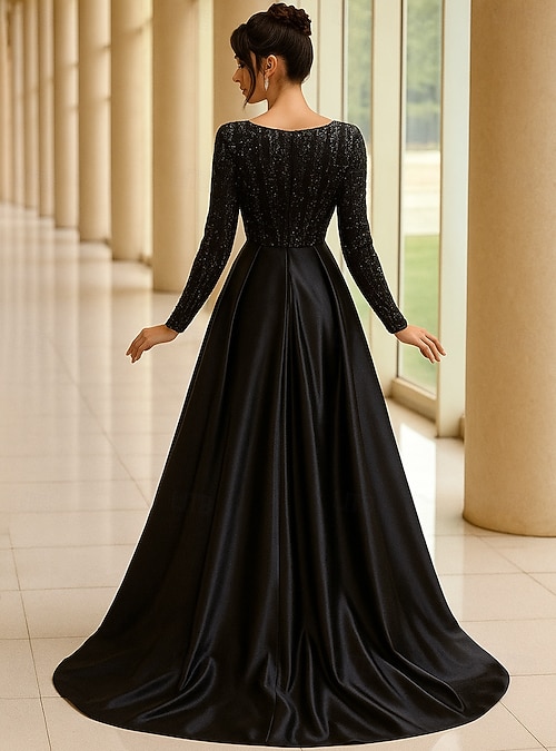A-Line Floor Length Beaded Eembroidered Wedding Guest Dress Formal Dresses Mother of the Bride Dress Long Sleeve Crew Neck Elegant Vintage Sparkle &