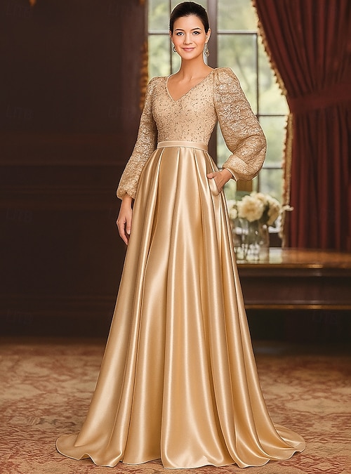 A-Line Floor Length Wedding Guest Dress Formal Dresses Flare Dress Mother of the Bride Dress Long Sleeve V Neck Elegant Vintage Luxurious Italy Satin with Pleats Beading 2026 - $132.99 A-Line Floor Length Wedding Guest Dress Formal Dresses Flare Dress Mother of the Bride Dress Long Sleeve V Neck Elegant Vintage Luxurious Italy Satin with Pleats Beading 2026 - $132.99