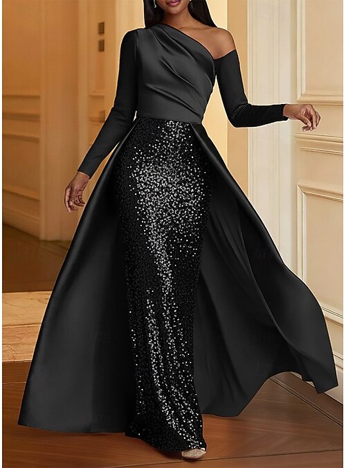 Mermaid Trumpet Floor Length Evening Gown Ball Gown with Overskirt Formal  Dress Elegant Glittering Sparkle Long Sleeve One Shoulder Wedding Formal  Stretch Satin Sequined with Glitter 2026 - $195.99