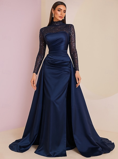 A-Line Floor Length Wedding Guest Dress Formal Dresses Evening Gown Mother of the Bride Dress Long Sleeve High Neck Elegant Vintage Sparkle & Shine