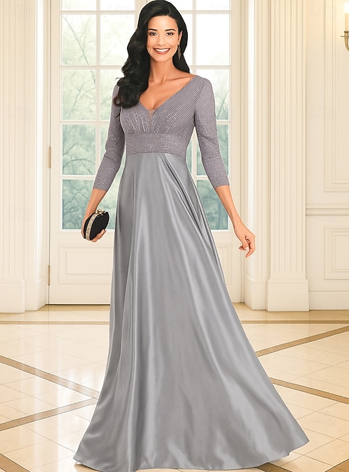 A-Line Floor Length Wedding Guest Dress Formal Dresses Flare Dress Mother of the Bride Dress Long Sleeve V Neck Elegant Simple Sparkle & Shine Formal