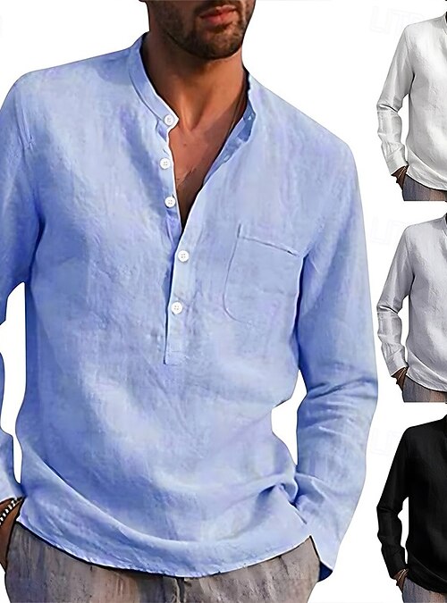Camicie Da Uomo In Cotone E Lino, Casual, A Maniche Lunghe, Tinta