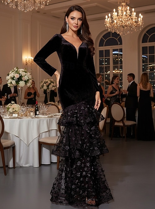 Mermaid Trumpet Floor Length Prom Dresses Evening Gown Ball Gown Formal  Dress Elegant Long Sleeve V Neck Prom Evening Party Lace Velvet with  Embroidery 2026 - $149.99