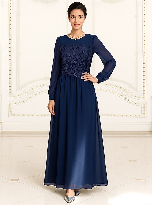 A-Line Floor Length Wedding Guest Dress Formal Dresses Evening Gown Mother  of the Bride Dress Long Sleeve Crew Neck Elegant Vintage Formal Formal  Evening Wedding Party with Solid Color 2026 - $114.99