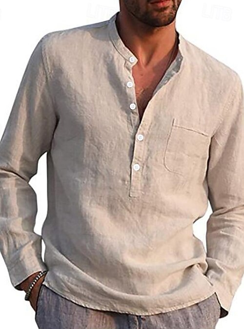 Camicia con cappuccio da uomo a maniche lunghe in cotone con tasca 3 bottoni magliette tinta unita leggera shiteshirts camicetta vestibilità ampia traspirante comoda maglietta primavera hawaiana top