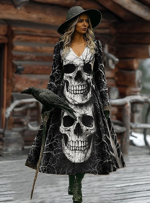 boho skull dress Women's Maxi Dress A Line Dress Vacation Casual Boho Beach Regular Fit  Graphic Skull Bull Long Sleeve V Neck Black Wine Dark Grey Spring Fall 2026