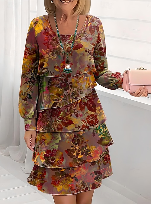 Women's Knee Length Dress A Line Dress Layered Dress Casual Regular Fit Floral Graphic Long Sleeve Crew Neck Blue Yellow Red Purple Spring Fall Winter