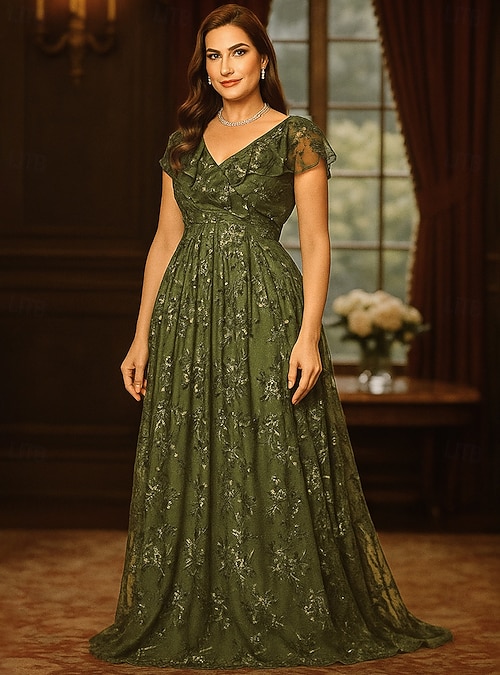 slim fit dress slacks Unique Plus Size V-Neck Floor-Length Mother of The Bride Dress with Flare Sleeves and Sequined Sheath/Column Design main image 1