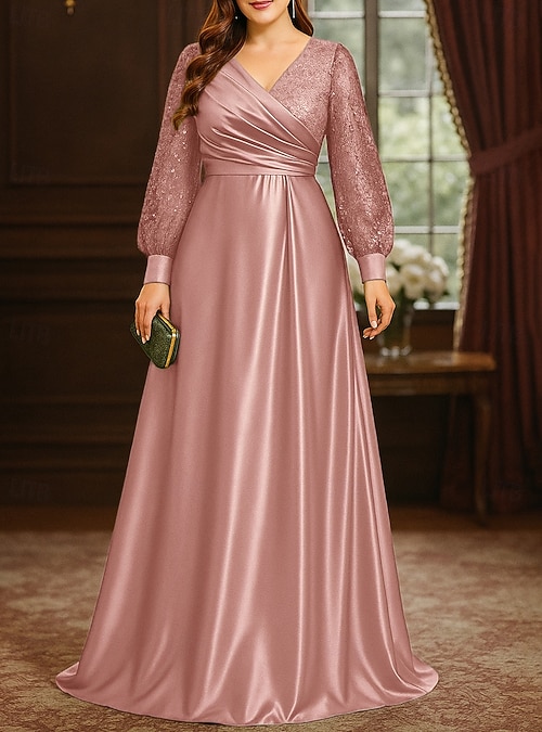 A-Line Floor Length Wedding Guest Dress Formal Dresses Flare Dress Mother of the Bride Dress Long Sleeve V Neck Elegant Vintage Plus Size with Pleats Sequin 2026 - CHF115 A-Line Floor Length Wedding Guest Dress Formal Dresses Flare Dress Mother of the Bride Dress Long Sleeve V Neck Elegant Vintage Plus Size with Pleats Sequin 2026 - CHF115