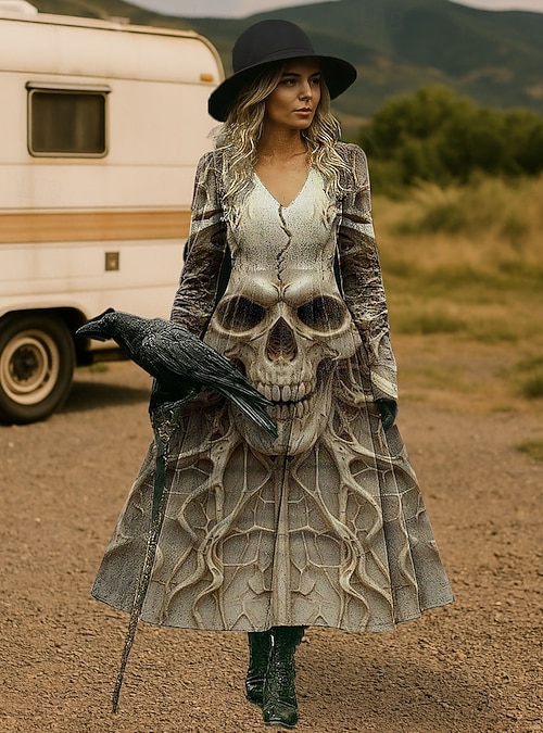Women's Midi Dress A Line Dress Vacation Casual Daily Holiday Date Regular  Fit Graphic Skull Long Sleeve V Neck Light Yellow Blue Purple Green Fall  Winter 2026 - $41.99