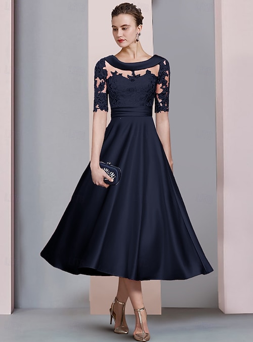 A-Line Tea Length Party Dress Cocktail Dress Wedding Guest Dress Mother of  the Bride Dress Half Sleeve Scoop Neck Elegant Vintage Wedding Guest Satin  Lace with Ruched Appliques 2026 - 114.99