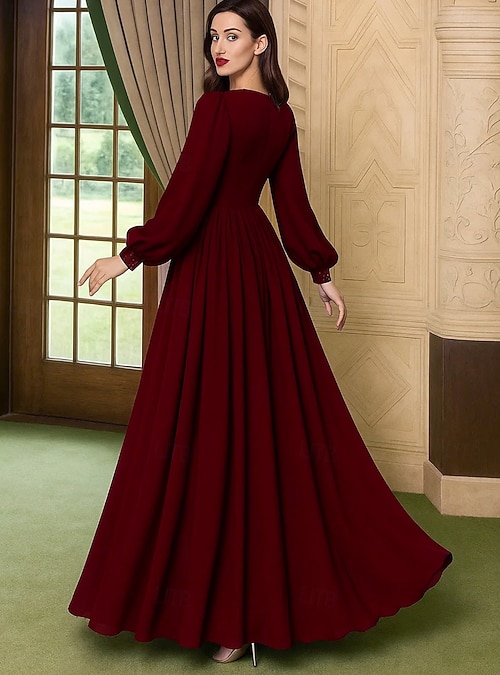 A-Line Floor Length Wedding Guest Dress Formal Dresses Evening Gown Mother of the Bride Dress Long Sleeve V Neck Elegant Vintage Party Sequined with