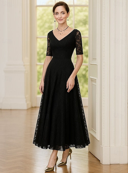 sachin and babi light blue dress A-Line Ankle Length Party Dress Cocktail Dress Wedding Guest Dress Mother  of the Bride Dress Half Sleeve V Neck Elegant Black Dress Formal Evening  Wedding Party with Lace 2026