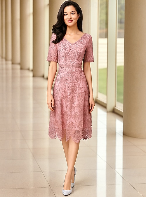 A-Line Tea Length Party Dress Cocktail Dress Wedding Guest Dress Mother of  the Bride Dress Short Sleeve V Neck Elegant Luxurious Formal Cotton Blend  with Embroidery 2026 - $172.99