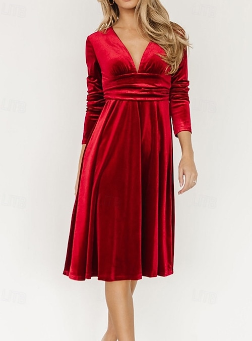 Women's Midi Dress Christmas Dress Velvet Dress Party Dress Cocktail Dress  Elegant Modern Evening Party Party Regular Fit Plain Long Sleeve V Neck  Black Red Dark Green Fall Winter 2026 - 32.99