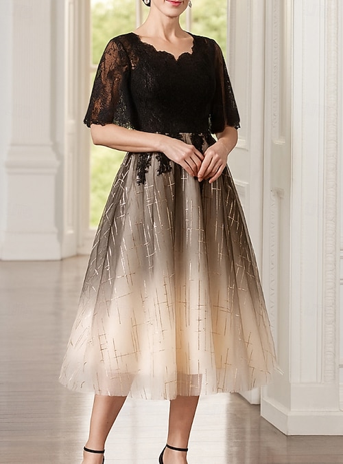 lace dress black plus size A Line V Neck Burgundy Black Tea Length Prom Dresses, Short Black Wine   Eip Collection