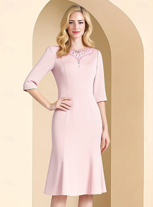 A-Line Knee Length Party Dress Cocktail Dress Wedding Guest Dress Mother of  the Bride Dress 3/4 Length Sleeve Crew Neck Elegant Vintage Party with  Beading 2026 - $143.99