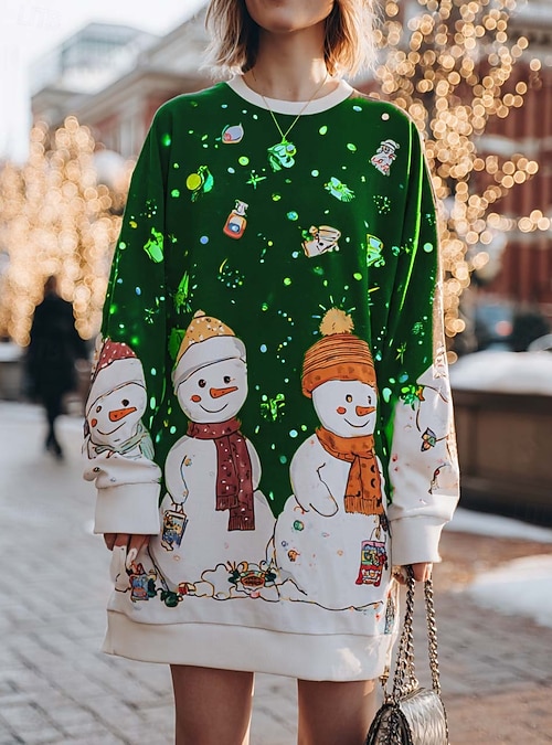 Christmas Women's Snowflake Mini Dress Shift Dress Athletic Dress Party  Casual School Outdoor Loose Fit Graphic Long Sleeve Crew Neck Black Red  Green Spring Fall Winter 2026 - $36.99