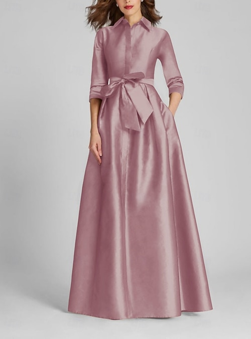 A-Line Floor Length Shirt Dress Wedding Guest Dress Formal Dresses Mother of the Bride Dress Half Sleeve Shirt Collar Minimalist Formal Wedding Guest