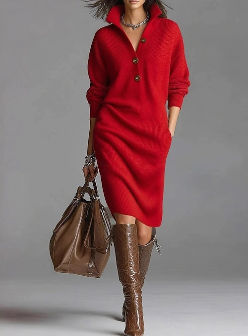 Women's Midi Dress Sweater Dress Sheath Dress Shift Dress Party Formal Semi  Formal Casual Home Outdoor Loose Fit Plain Long Sleeve Lapel Black Yellow  Red Brown Spring Fall Winter 2026 - $42.99