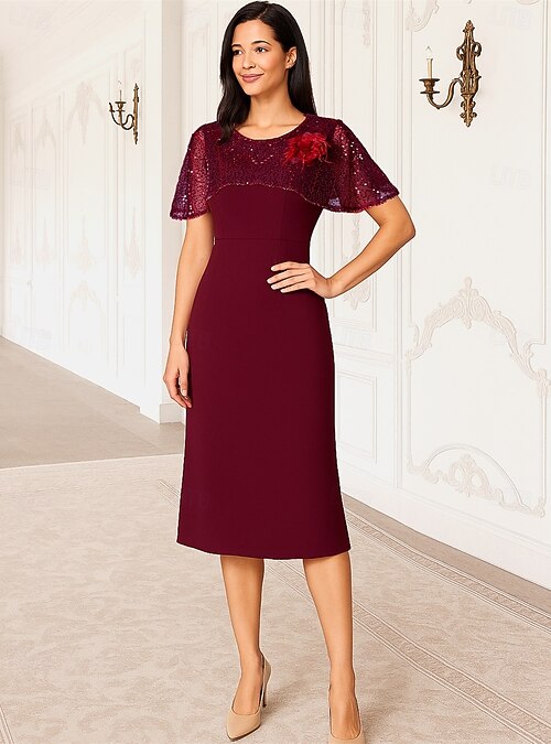 Sheath Column Tea Length Party Dress Cocktail Dress Wedding Guest Dress  Mother of the Bride Dress Short Sleeve Crew Neck Elegant Formal Formal  Evening Wedding Party with Beading 2026 - $230.99