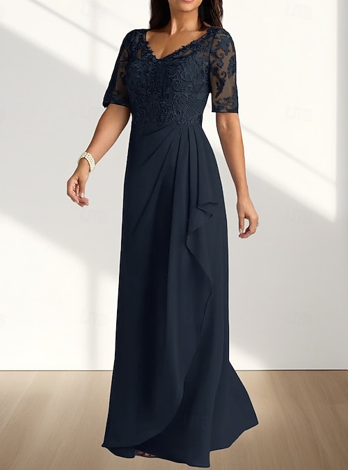 A-Line Floor Length Wedding Guest Dress Formal Dresses Evening Gown Mother  of the Bride Dress Half Sleeve V Neck Elegant Wedding Guest Engagement  Party Chiffon with Pleats Appliques 2026 - $206.99
