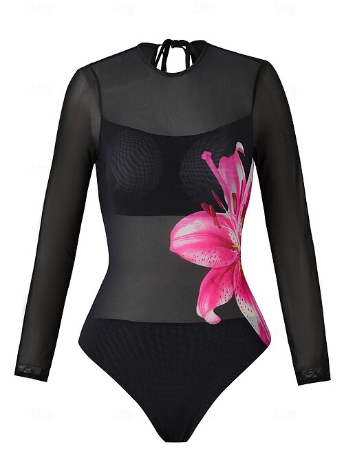 Women's One Piece Swimsuit Sexy Cutout Monokini Mesh Tummy Control High  Waist Slim Vacation Beach Wear Floral Round Neck Long Sleeve Bathing Suits  2026 - $31.99